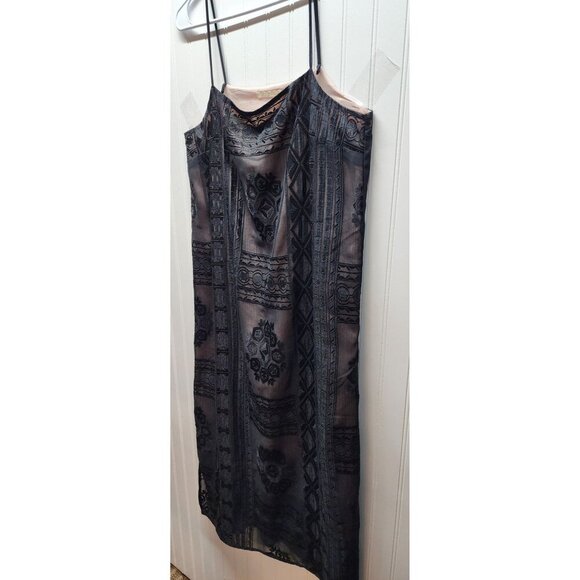 Anthropology Black Sheer Embroidered Slip Dress With Spaghetti Straps By Floreat - Picture 4 of 9